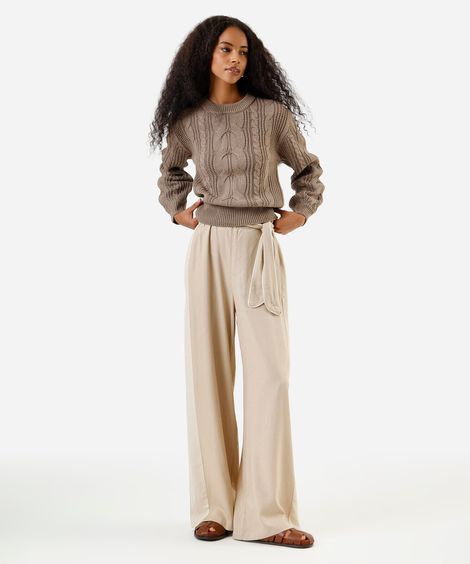 calça pantalona feminina com linho e faixa bege