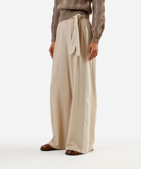 calça pantalona feminina com linho e faixa bege