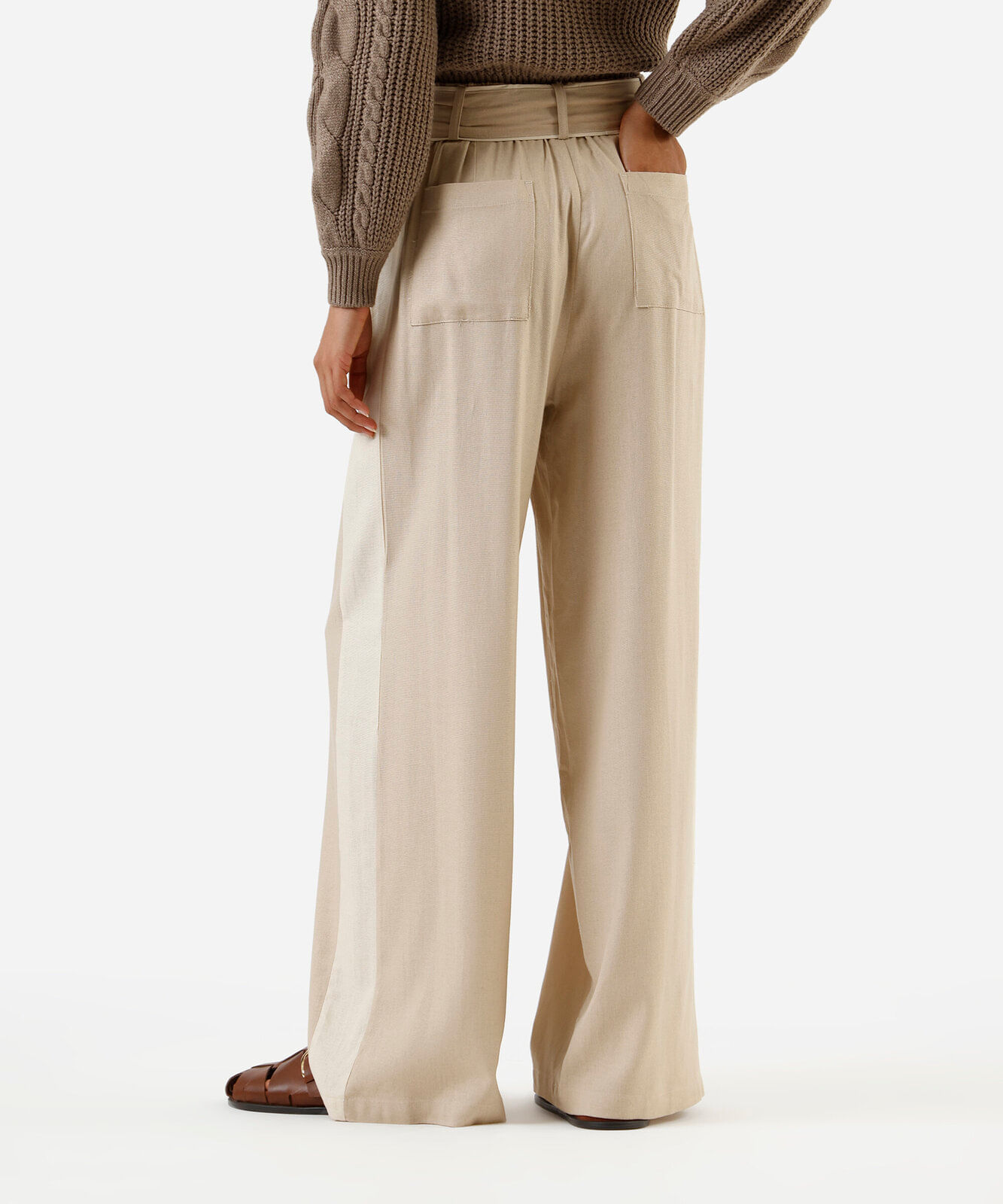 calça pantalona feminina com linho e faixa bege
