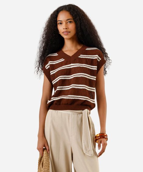 blusa feminina de tricot decote v listrada marrom