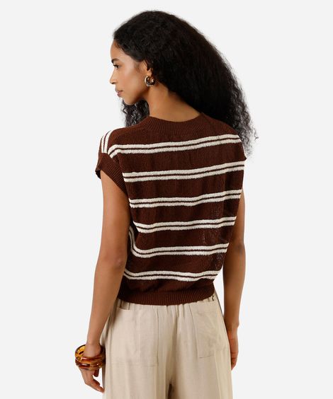 blusa feminina de tricot decote v listrada marrom
