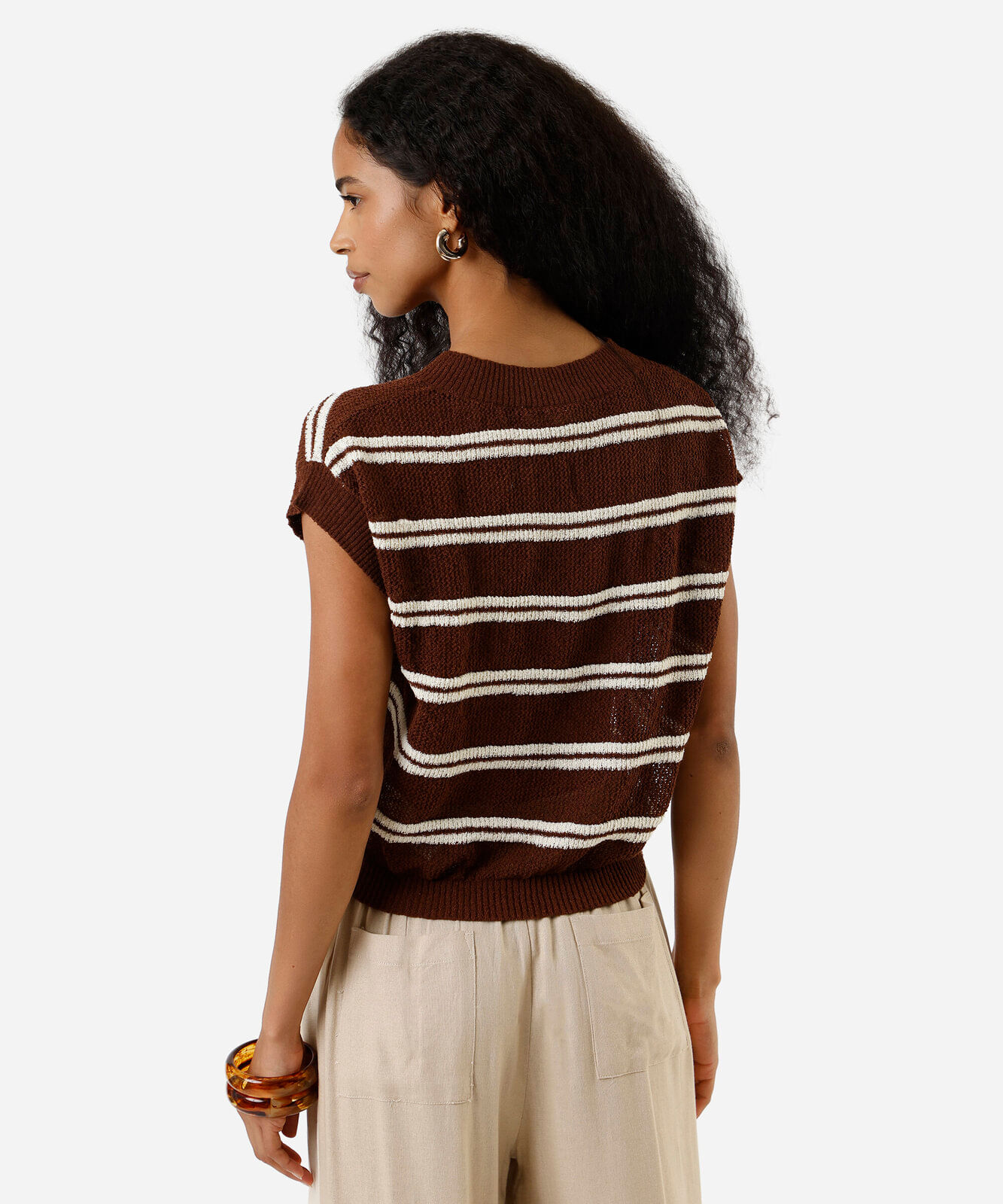 blusa feminina de tricot decote v listrada marrom