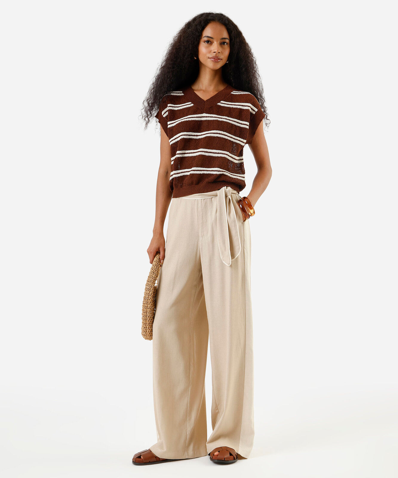 blusa feminina de tricot decote v listrada marrom