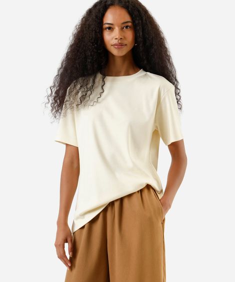 camiseta básica feminina de algodão peruano oversized com fendas bege