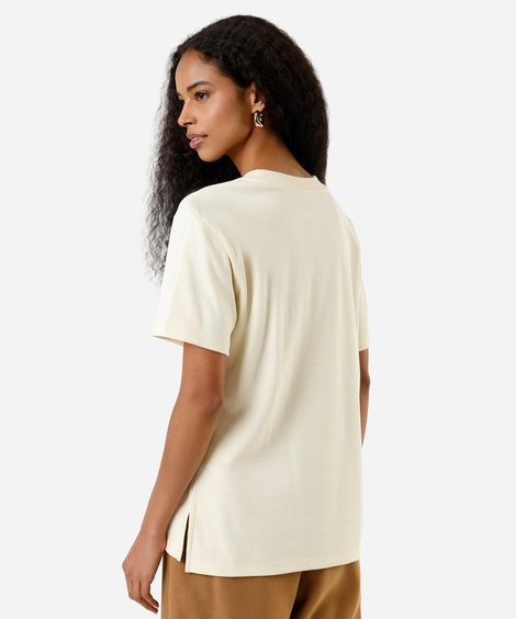 camiseta básica feminina de algodão peruano oversized com fendas bege