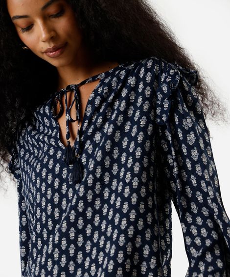 bata feminina de viscose manga longa folhagens azul