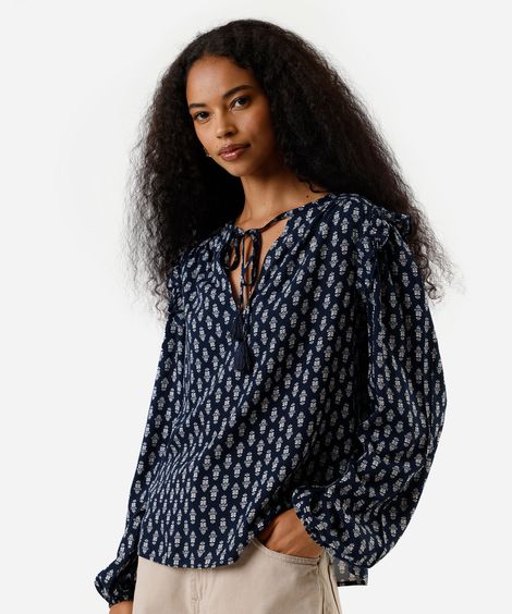 bata feminina de viscose manga longa folhagens azul