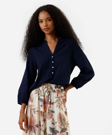 bata de algodão manga longa com botões azul