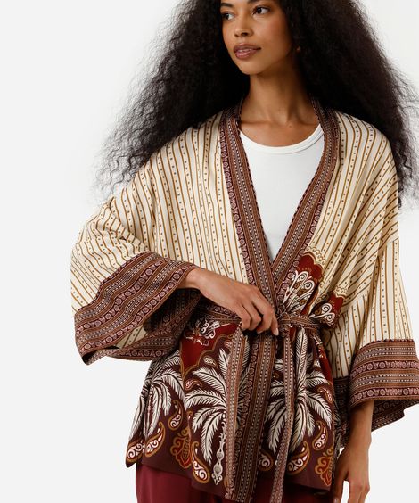 kimono feminino de viscose com amarração folhagens  bege