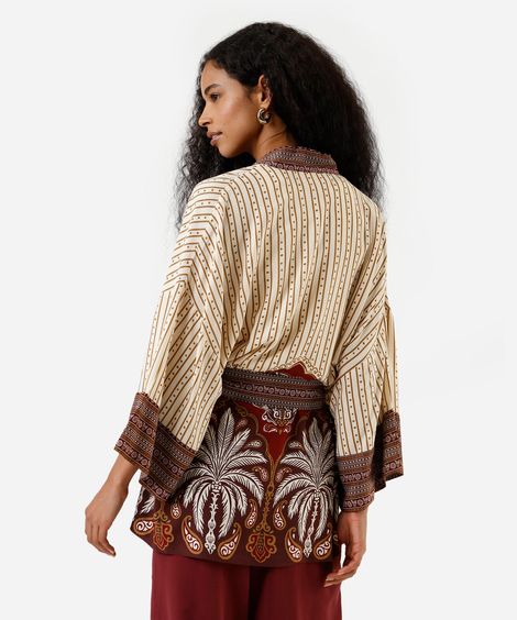 kimono feminino de viscose com amarração folhagens  bege