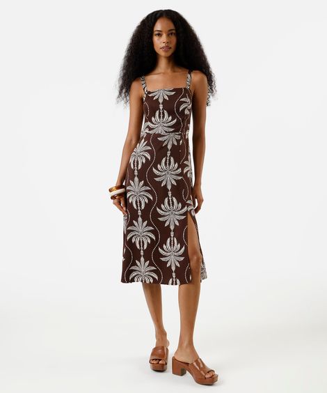 vestido midi alça fina feminino de viscose com fenda folhagem marrom