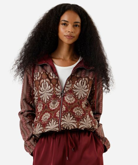 jaqueta corta vento feminina com capuz folhagens vinho