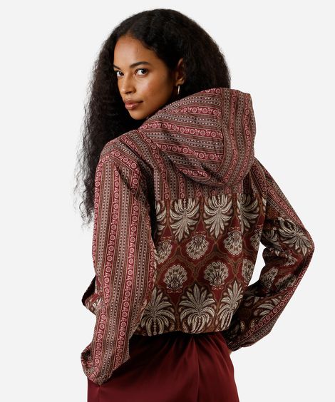 jaqueta corta vento feminina com capuz folhagens vinho