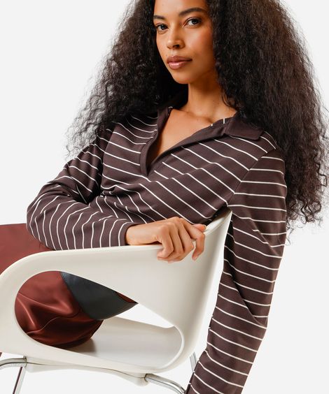 polo feminina de algodão manga longa listrada marrom