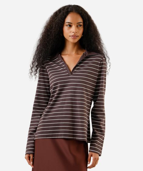 polo feminina de algodão manga longa listrada marrom