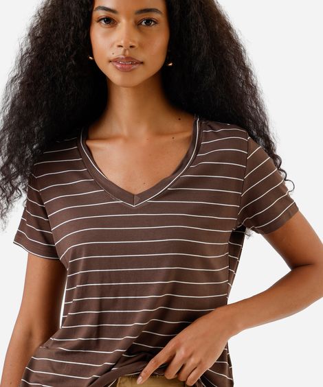 blusa feminina com viscose decote v listrada marrom