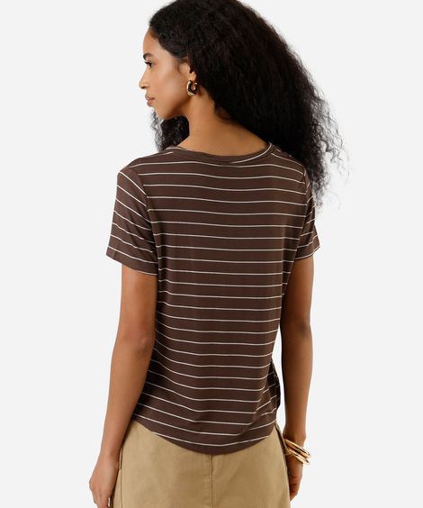blusa feminina com viscose decote v listrada marrom