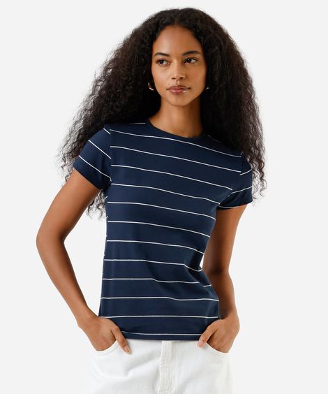 blusa baby look feminina de algodão listrada azul