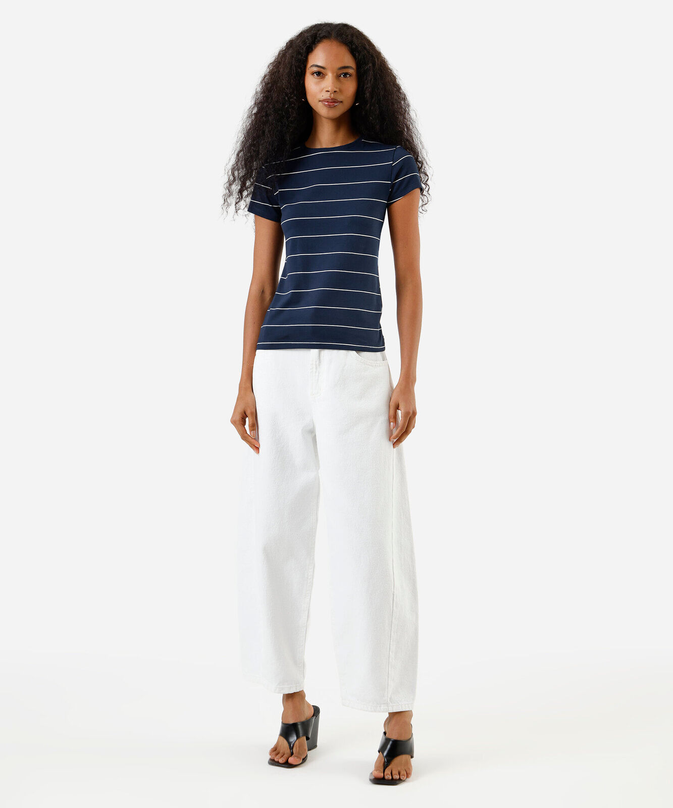blusa baby look feminina de algodão listrada azul