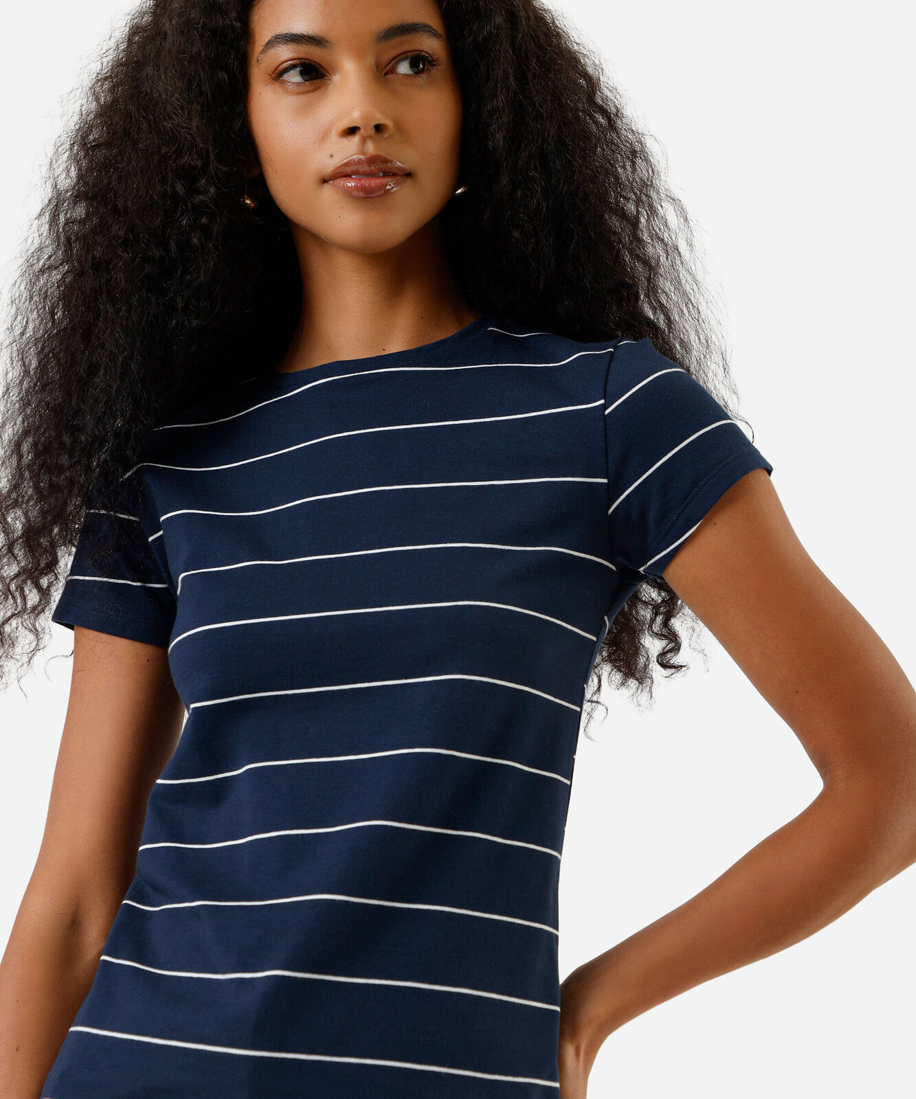 blusa baby look feminina de algodão listrada azul