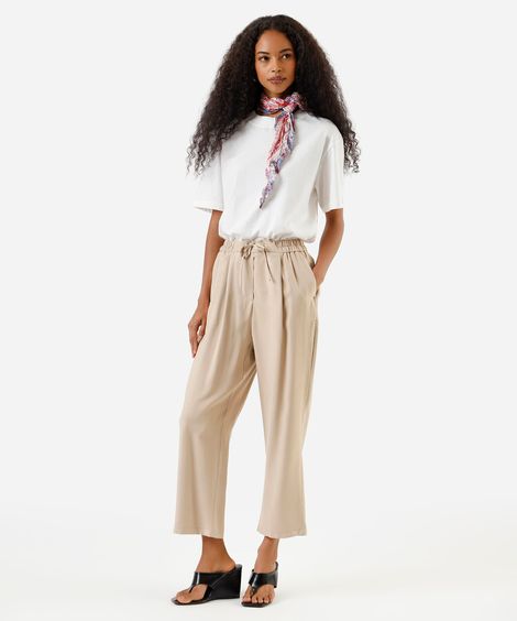 calça básica reta feminina com viscose cós elástico bege