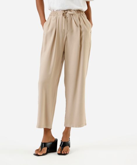 calça básica reta feminina com viscose cós elástico bege
