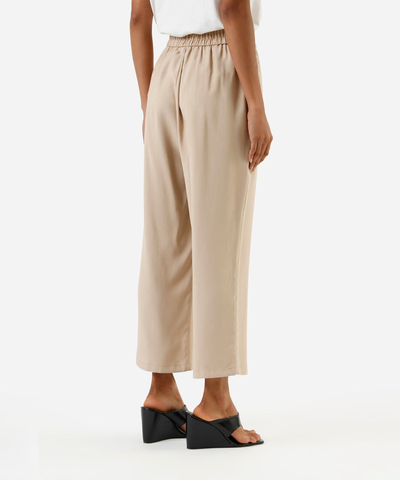 calça básica reta feminina com viscose cós elástico bege