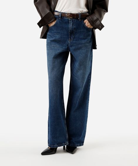 calça wide leg feminina jeans cintura média azul