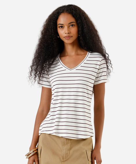 blusa feminina com viscose decote v listrada vinho