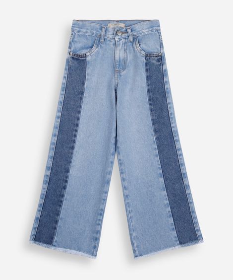 calça wide leg infantil jeans com recorte azul