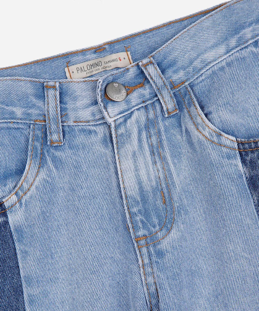 calça wide leg infantil jeans com recorte azul