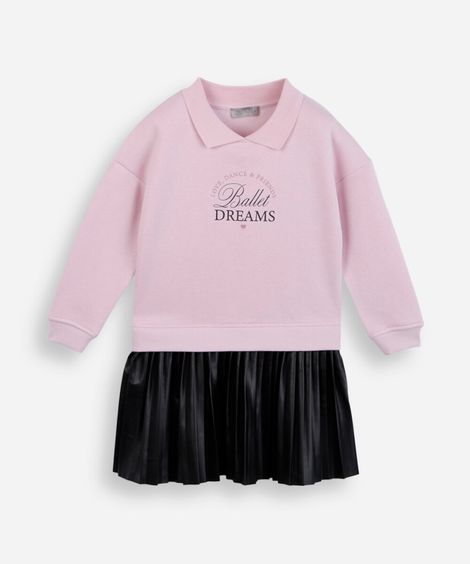 vestido infantil de moletom polo e saia plissada estampada rosa