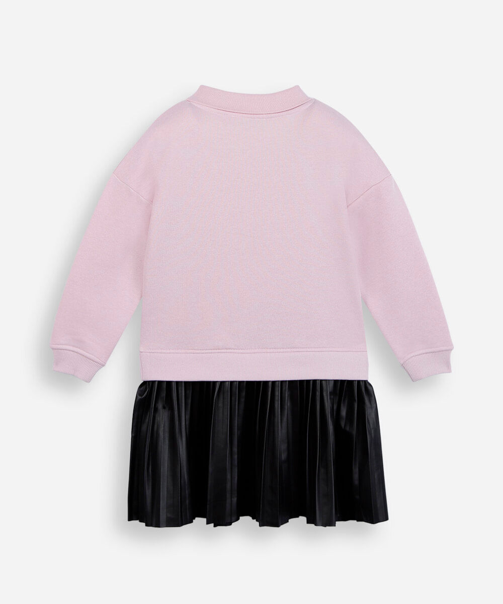 vestido infantil de moletom polo e saia plissada estampada rosa