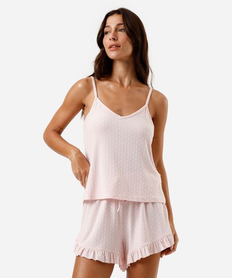 pijama short doll feminino texturizado rosa