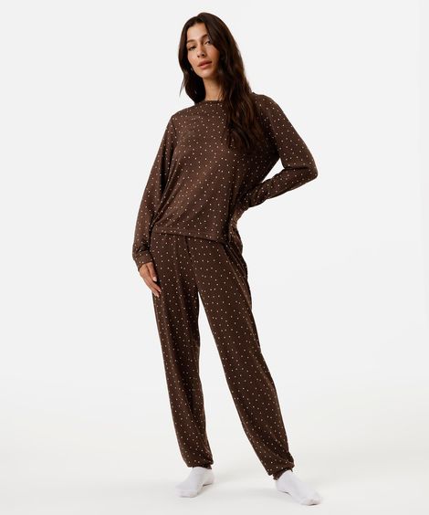 pijama longo feminino poá marrom
