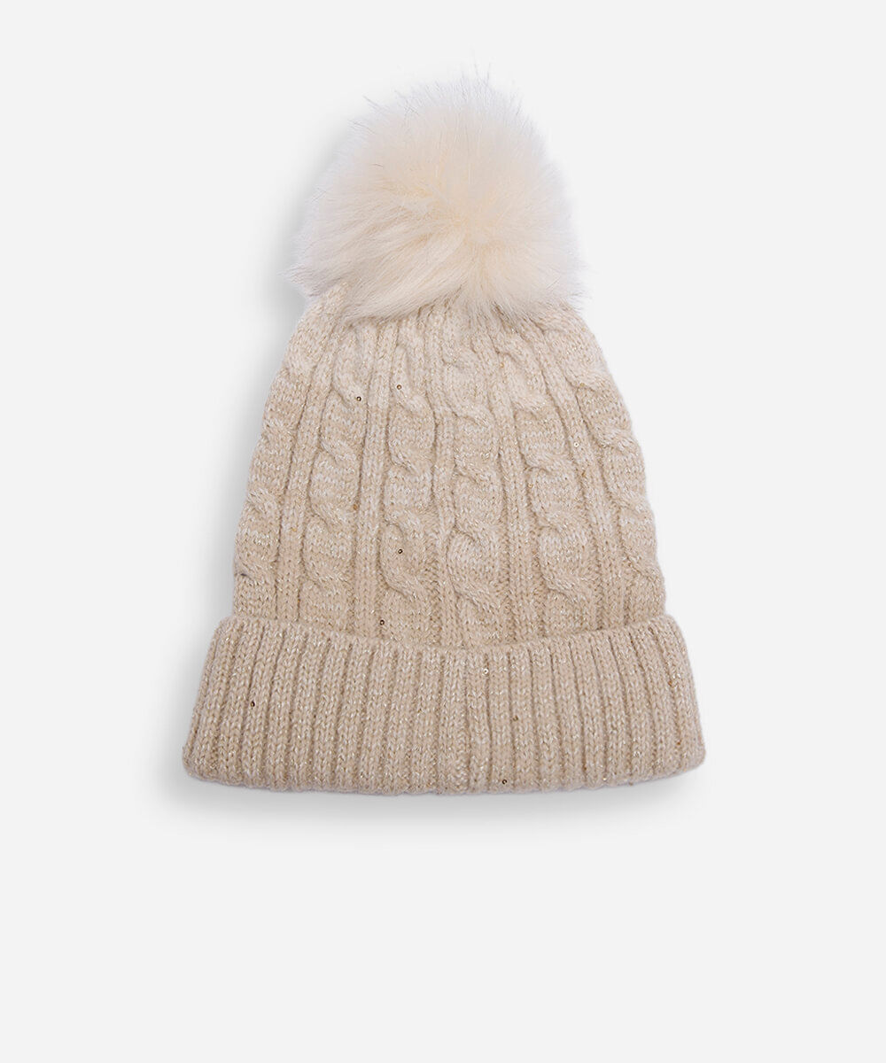 gorro infantil de tricot com paetê bege
