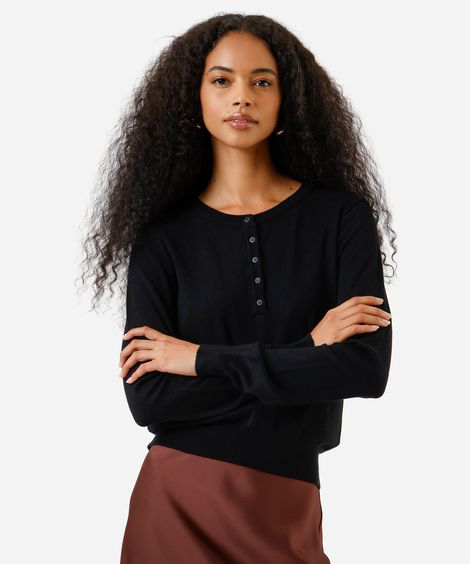 blusa feminina de tricot decote redondo  manga longa preta