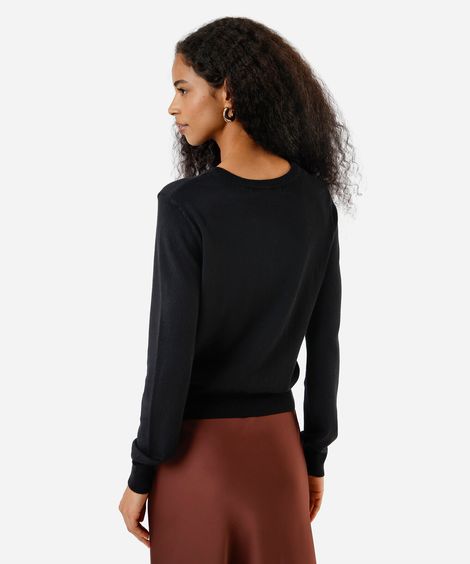 blusa feminina de tricot decote redondo  manga longa preta