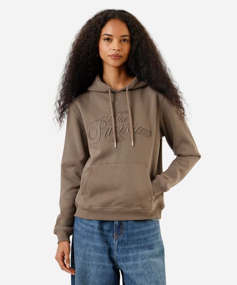 blusão feminino de moletom com capuz e bordado marrom