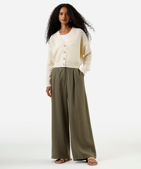 calça wide leg feminina de viscose texturizada verde