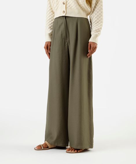 calça wide leg feminina de viscose texturizada verde