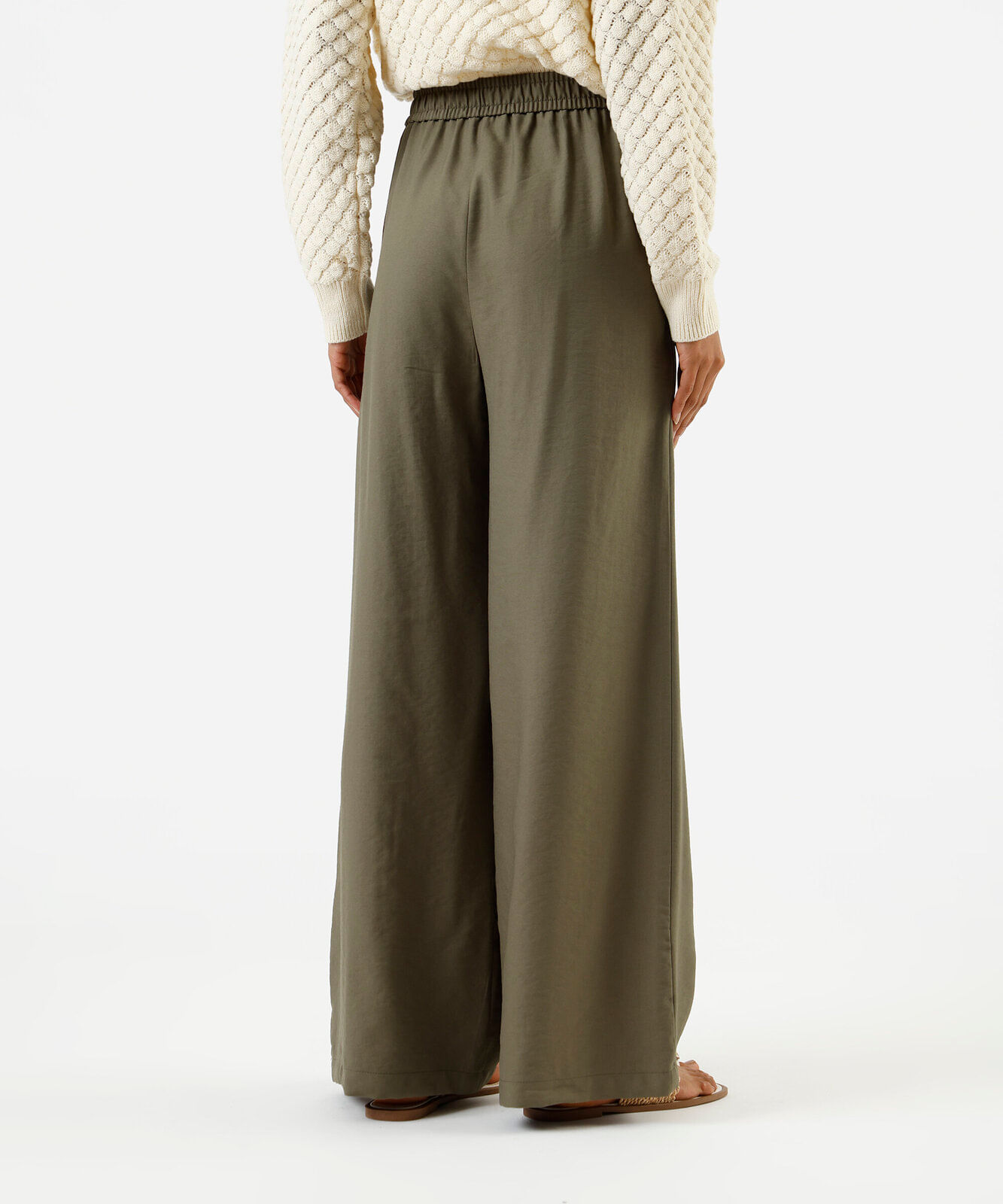 calça wide leg feminina de viscose texturizada verde
