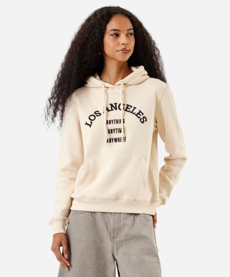 blusão feminino de moletom com capuz e bordado bege