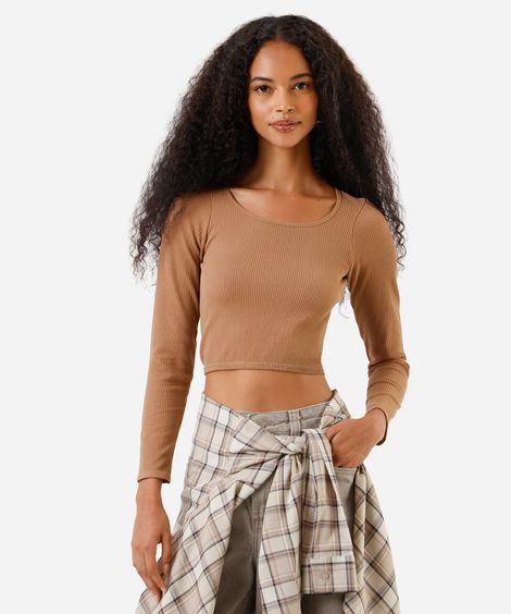 blusa de poliamida canelada cropped manga longa marrom