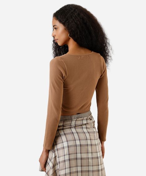 blusa de poliamida canelada cropped manga longa marrom