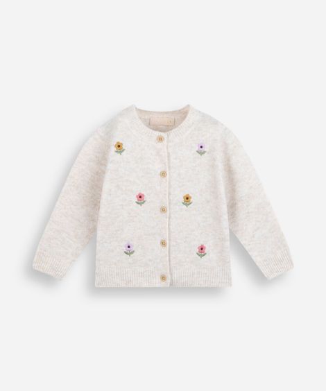 cardigan infantil de tricot com bordado floral bege
