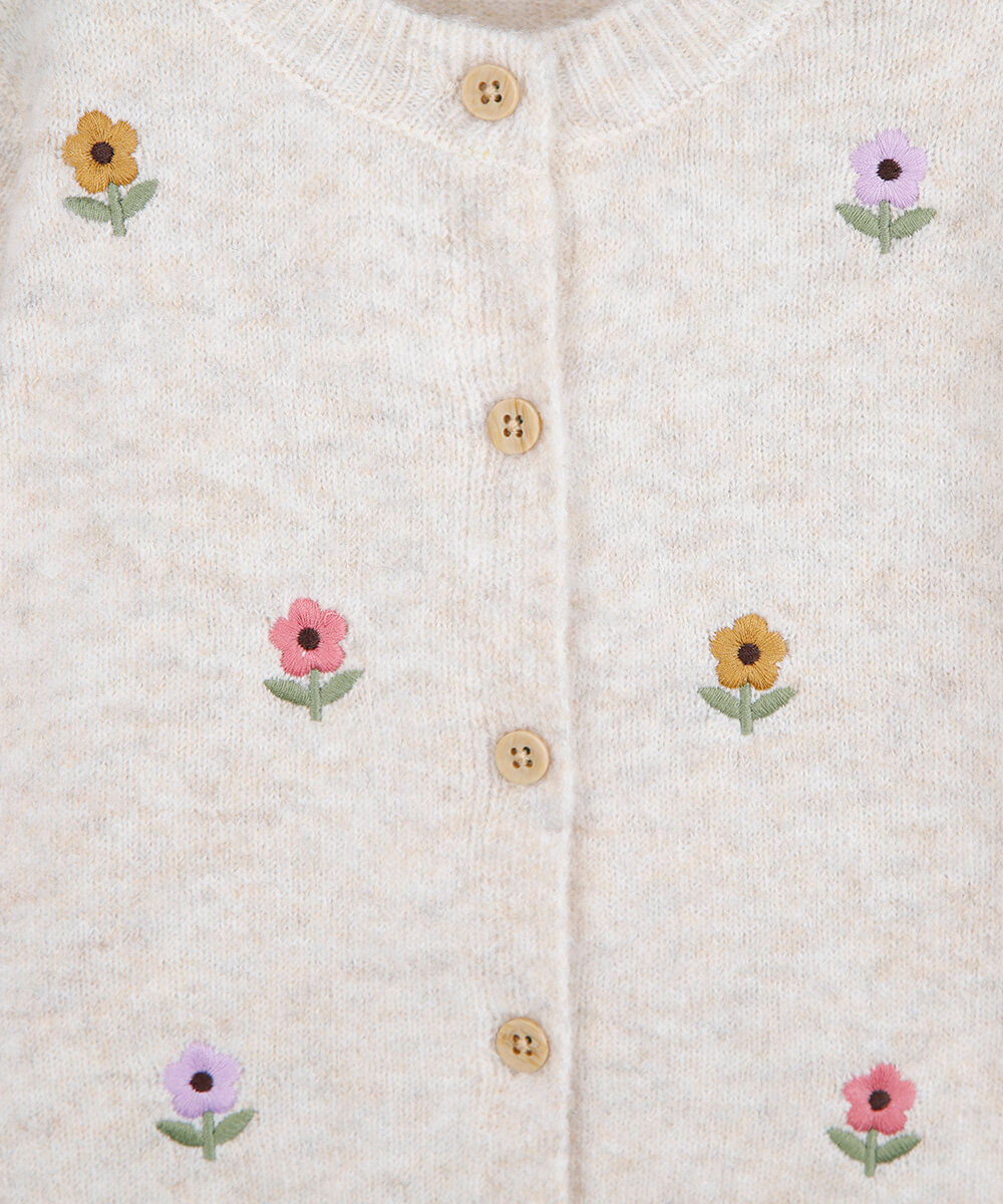 cardigan infantil de tricot com bordado floral bege