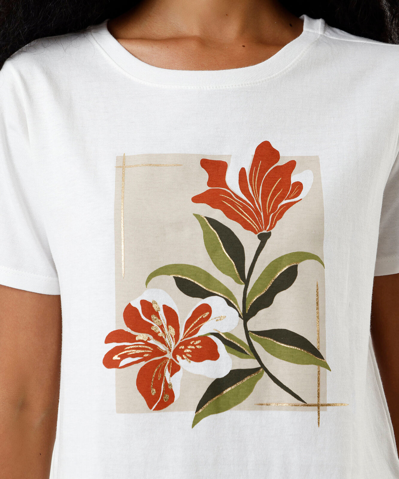 camiseta feminina de algodão floral off white