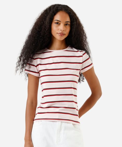 blusa baby look feminina de algodão listrada rosa