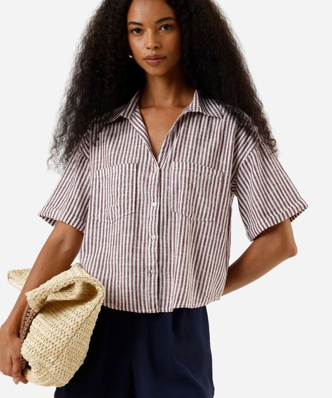 camisa feminina de algodão com bolsos listrada vinho